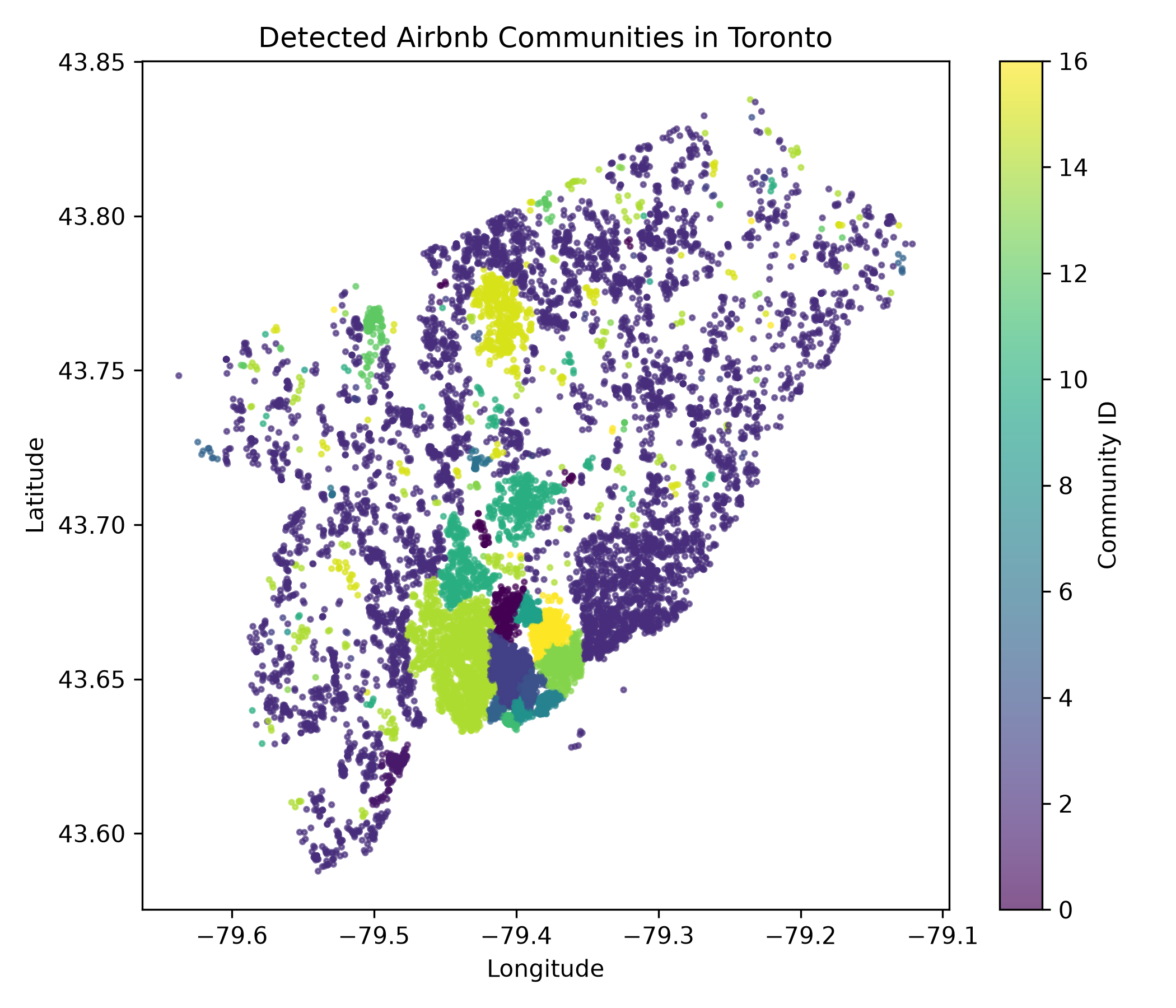Louvain detected communities mapped across Toronto Airbnb listings